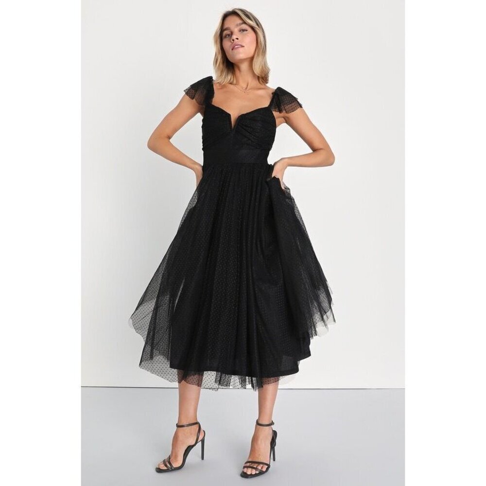 Lulus Flirtatious Feeling Black Tulle Flutter Sleeve A-line Midi Dress, SMALL